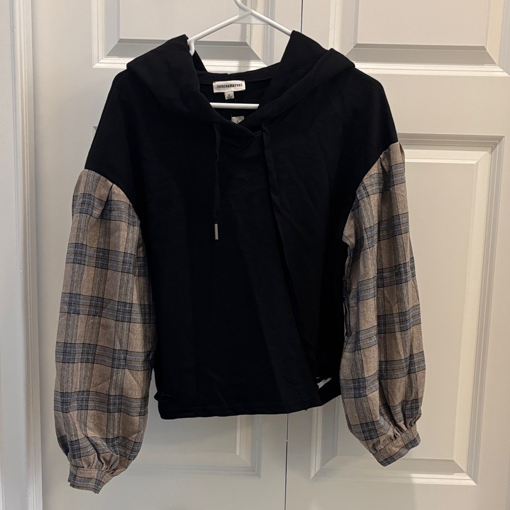 Plaid Sleeve Hoodie - Black and Plaid